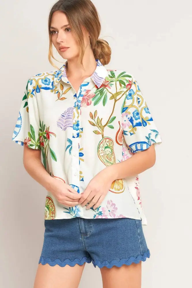 Off White Printed Woven Button Top - Top
