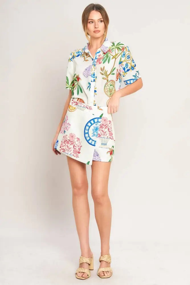 Off White Printed Woven Button Top - Top
