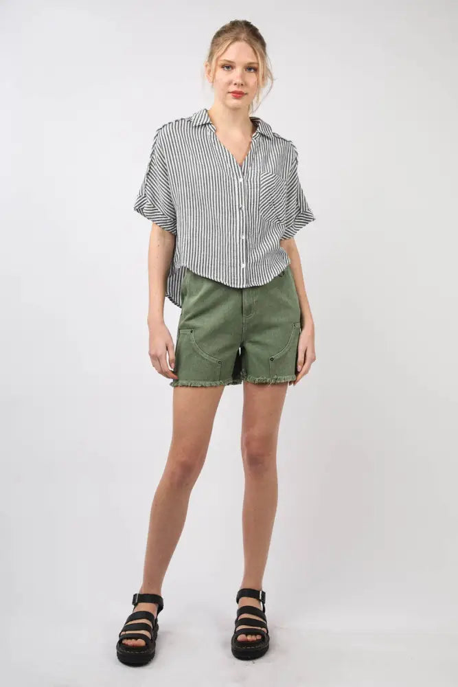 Olive Washed Denim Shorts W/ Raw Edge - Shorts