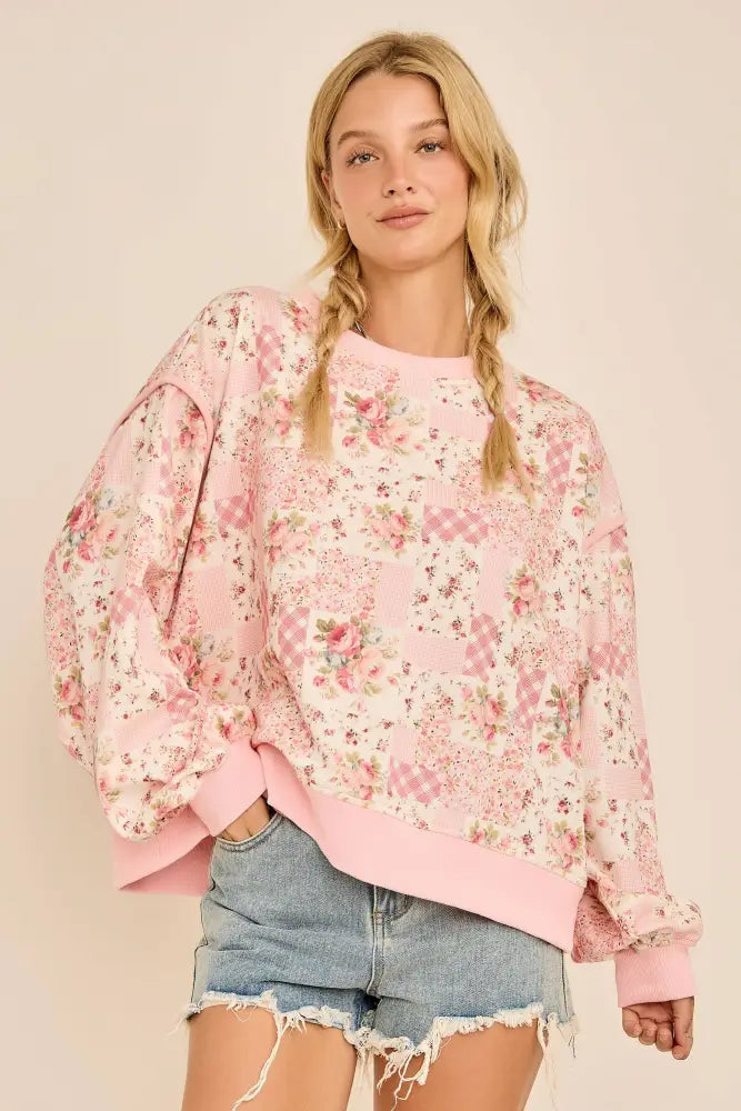 Oversized Patchwork Floral Crewneck Sweatshirt - Posh Finds