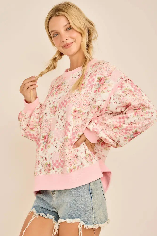 Oversized Patchwork Floral Crewneck Sweatshirt - Posh Finds