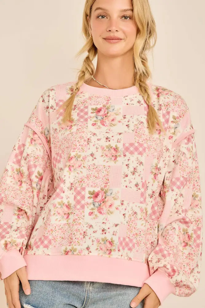 Oversized Patchwork Floral Crewneck Sweatshirt - Posh Finds