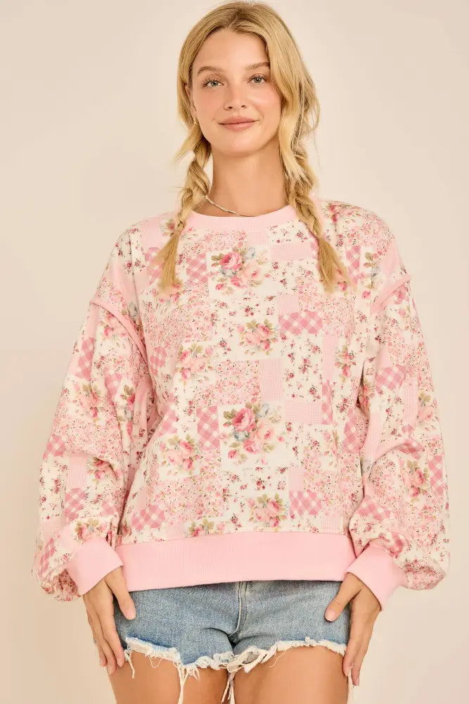 Oversized Patchwork Floral Crewneck Sweatshirt - Posh Finds