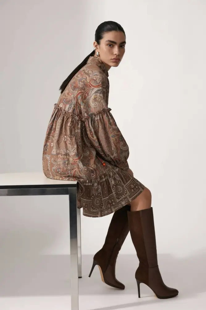 Paisley Patchwork Voluminous Shirt Dress: COFFEE / M