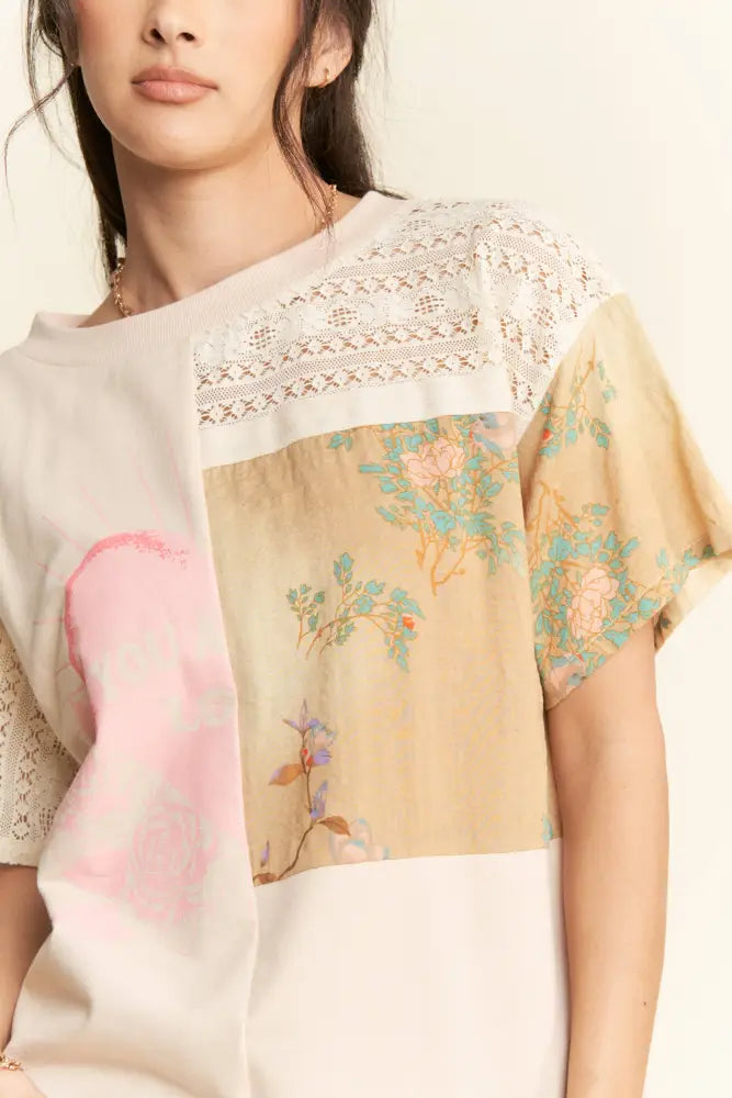 PLUS PATCH WORK MULTI FABRIC BODICE SHORT SLEEVE TOP - Posh Finds