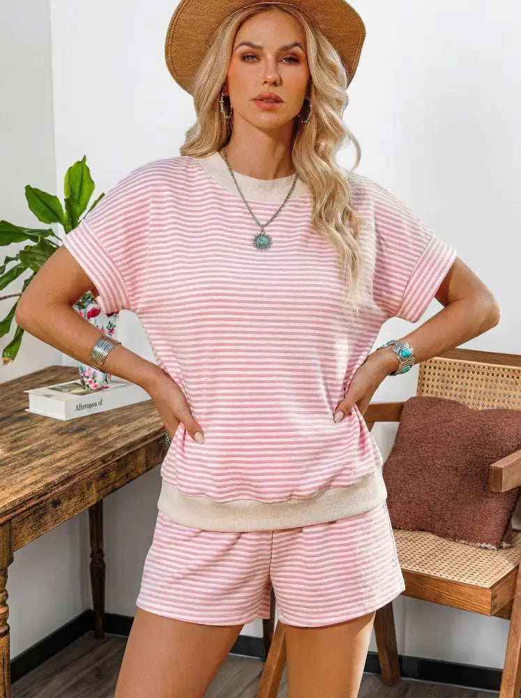 Pink Polka Dot Mock Neck Short sleeve and Shorts Set - set