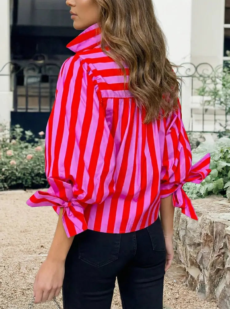 Pink Stripe Tie Puff Sleeve Women Button Down Shirt