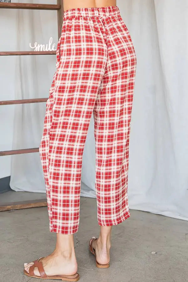 Plaid Print Twist Pull On Waist Pants: IVORY/RED - Posh Finds