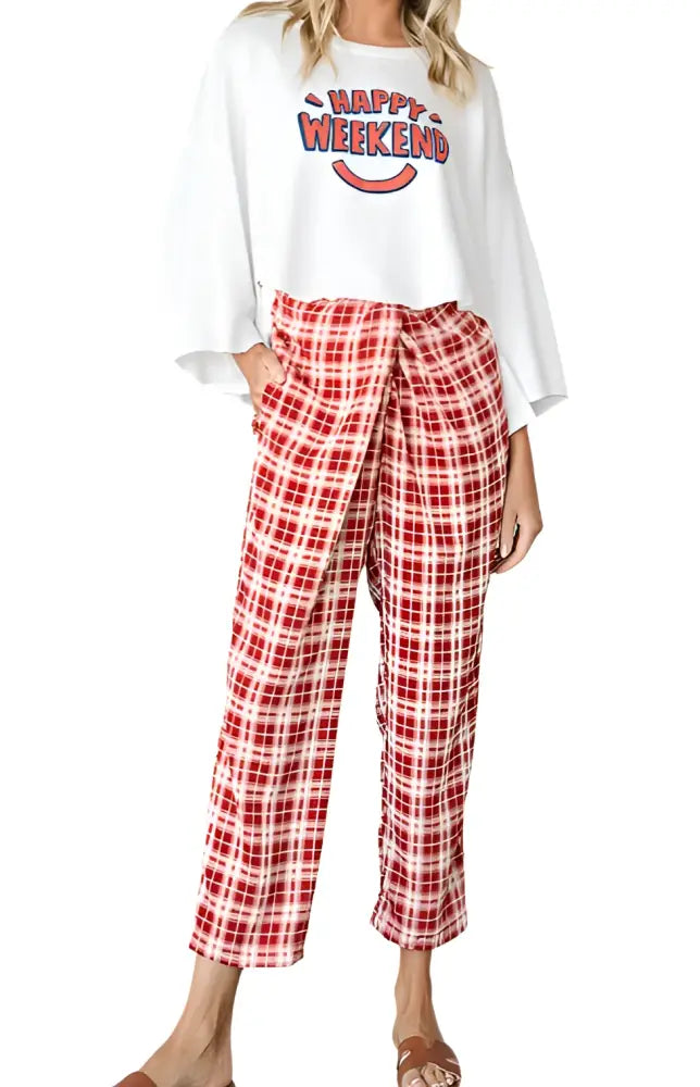 Plaid Print Twist Pull On Waist Pants: IVORY/RED - Posh Finds