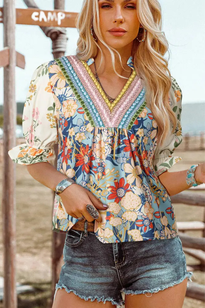 Plus Crochet Boho Half Sleeve Floral Blouse - Women > Tops