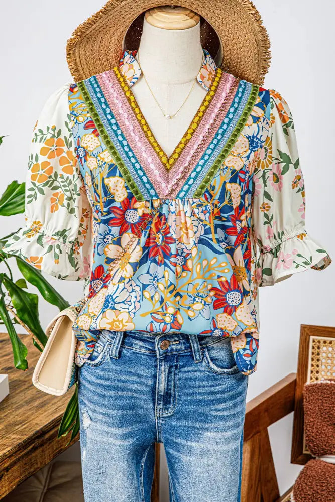 Plus Crochet Boho Half Sleeve Floral Blouse - Women > Tops