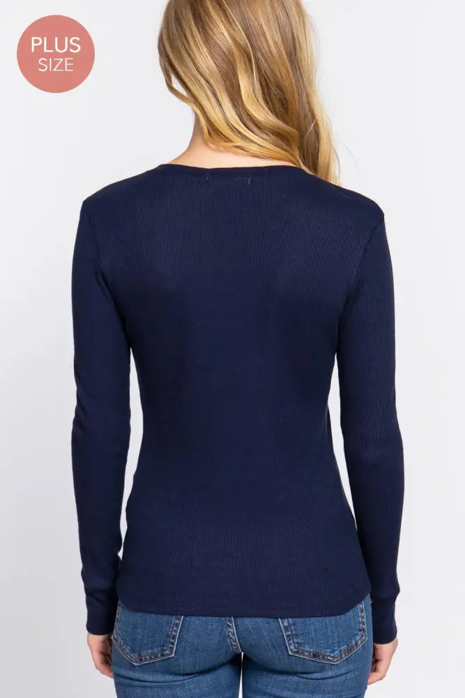 Plus Long Sleeve Crew Neck Thermal Knit Top: Ivory - Posh Finds