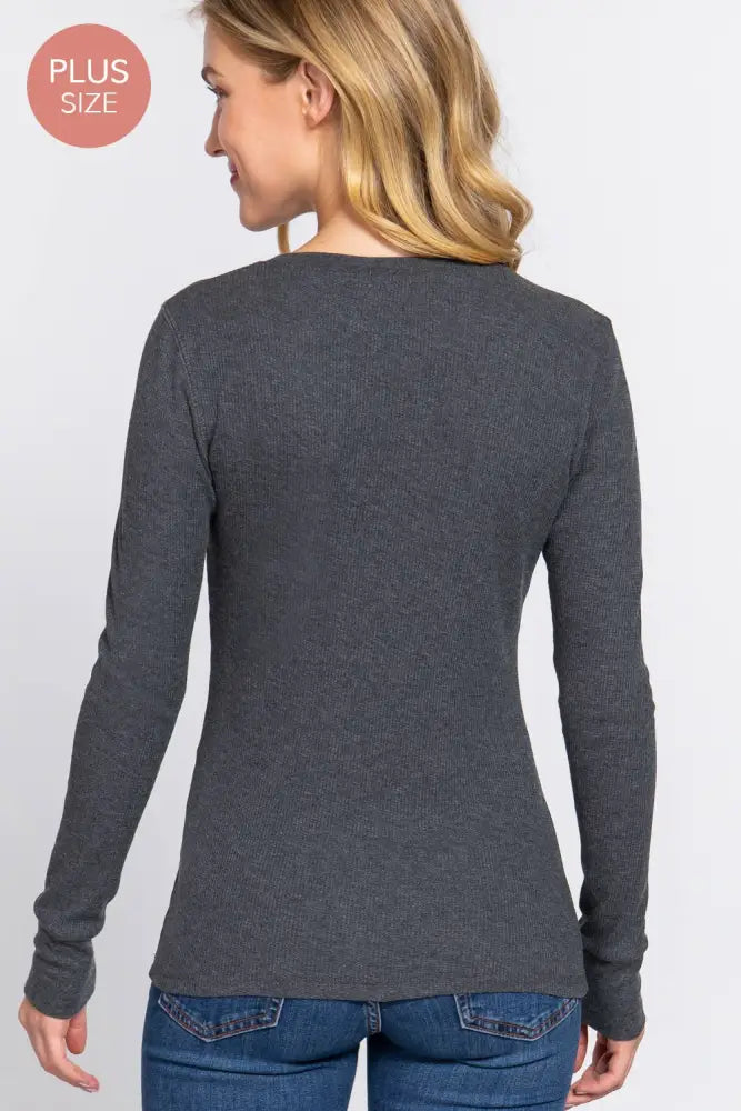 Plus Long Sleeve Crew Neck Thermal Knit Top: Ivory - Posh Finds