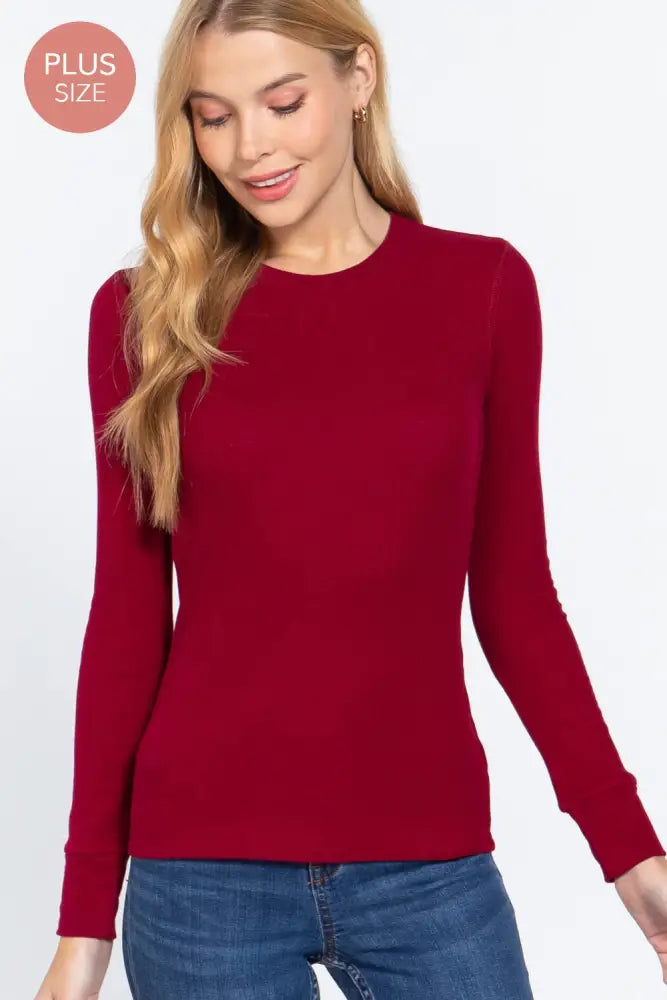 Plus Long Sleeve Crew Neck Thermal Knit Top: Ivory - Posh Finds