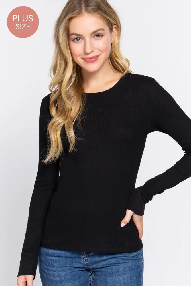 Plus Long Sleeve Crew Neck Thermal Knit Top: Ivory - Posh Finds