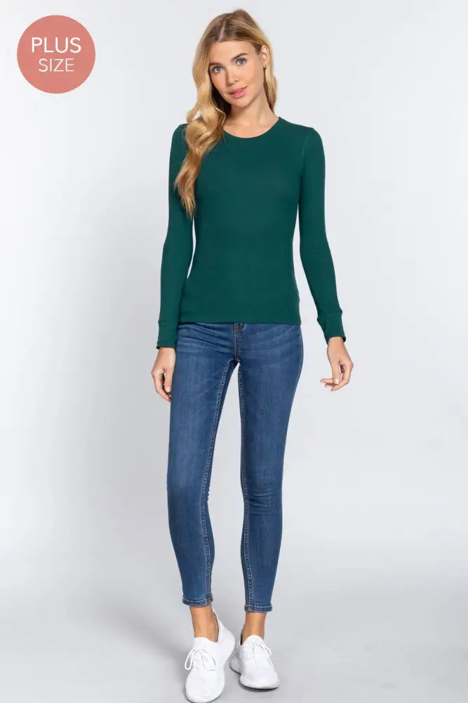 Plus Long Sleeve Crew Neck Thermal Knit Top: Ivory - Posh Finds