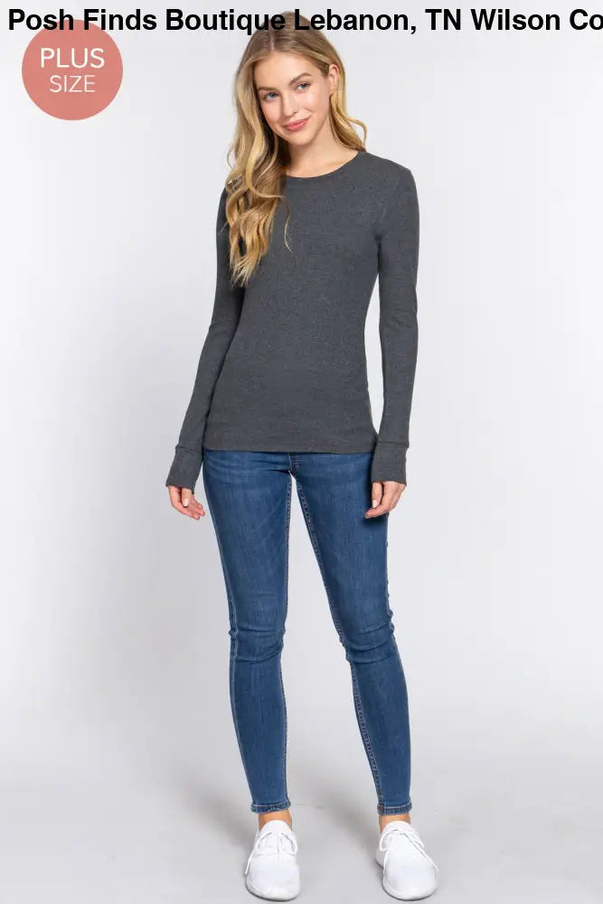 Plus Long Sleeve Crew Neck Thermal Knit Top: White - Posh Finds