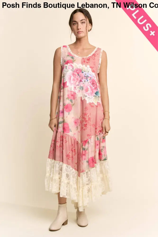 PLUS PRINT FLOWER PATCHWORK LACE TIERED DRESS: Pink Multi / 2XL