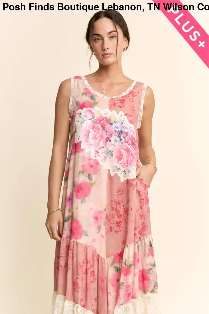PLUS PRINT FLOWER PATCHWORK LACE TIERED DRESS: Pink Multi / 2XL