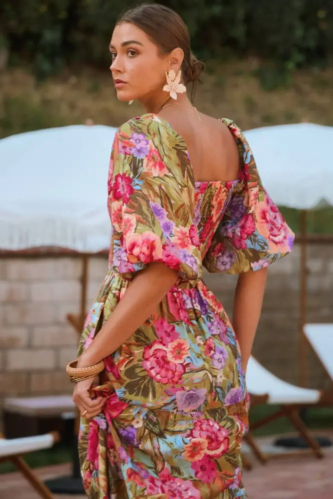 Plus Printed Maxi Dress With Short Bubble Sleeve: Olive Garden / XL - Posh Finds