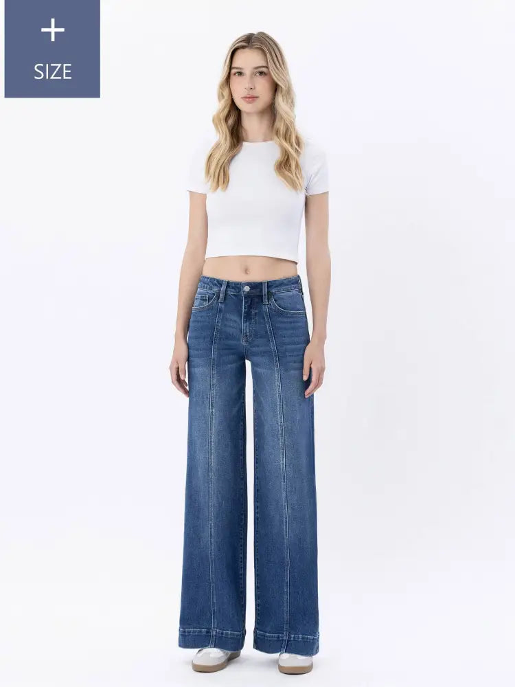 PLUS SIZE HIGH RISE TROUSER HEM WIDE LEG JEANS - Posh Finds