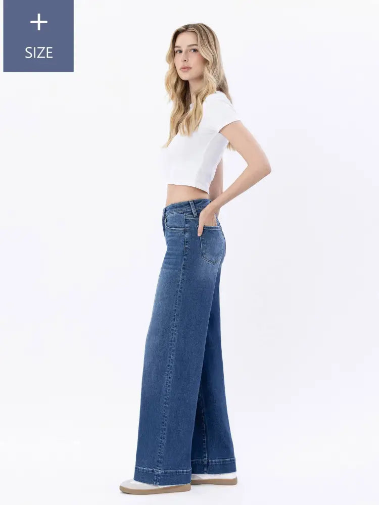 PLUS SIZE HIGH RISE TROUSER HEM WIDE LEG JEANS - Posh Finds