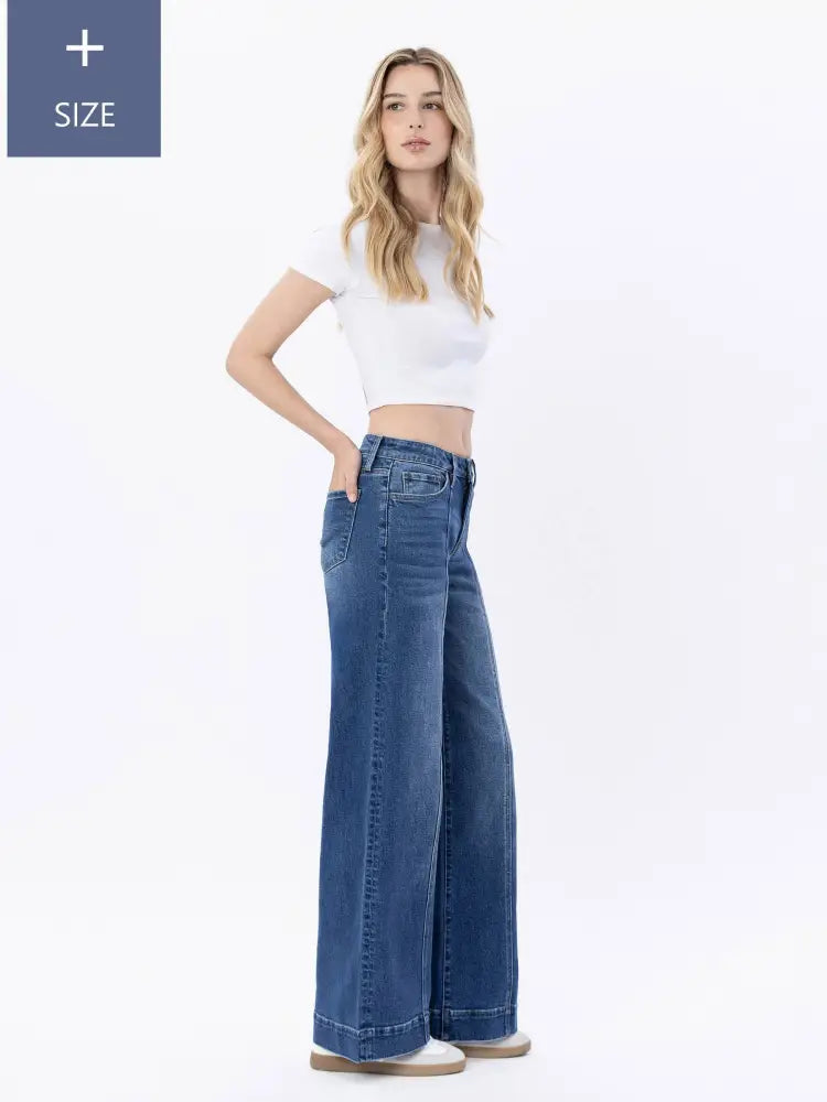 PLUS SIZE HIGH RISE TROUSER HEM WIDE LEG JEANS - Posh Finds