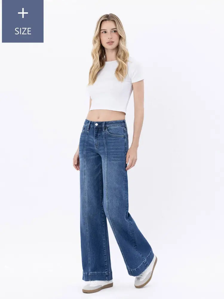 PLUS SIZE HIGH RISE TROUSER HEM WIDE LEG JEANS - Posh Finds