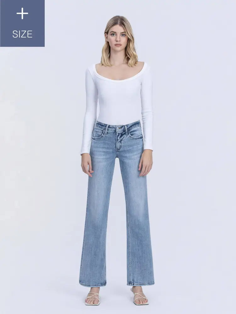 PLUS SIZE TUMMY CONTROL MID RISE SLIM WIDE JEANS - Posh Finds