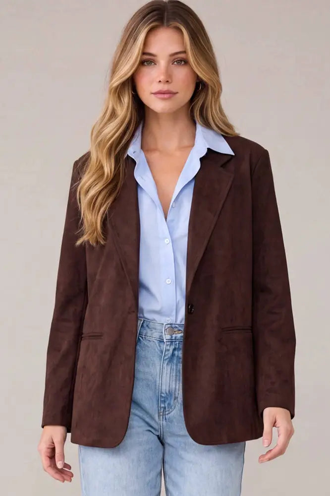PM5597 - FAUX SUEDE OVERSIZED BLAZER JACKET: TAUPE / L