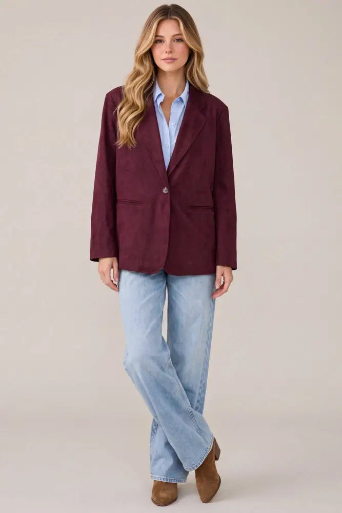 PM5597 - FAUX SUEDE OVERSIZED BLAZER JACKET: TAUPE / S