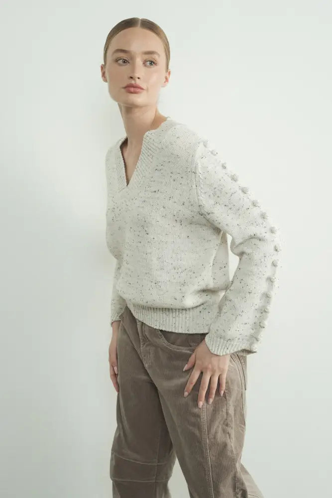 POMPOM SLEEVE V NECK SWEATER - Women > Outerwear > Sweaters & Sweatshirts
