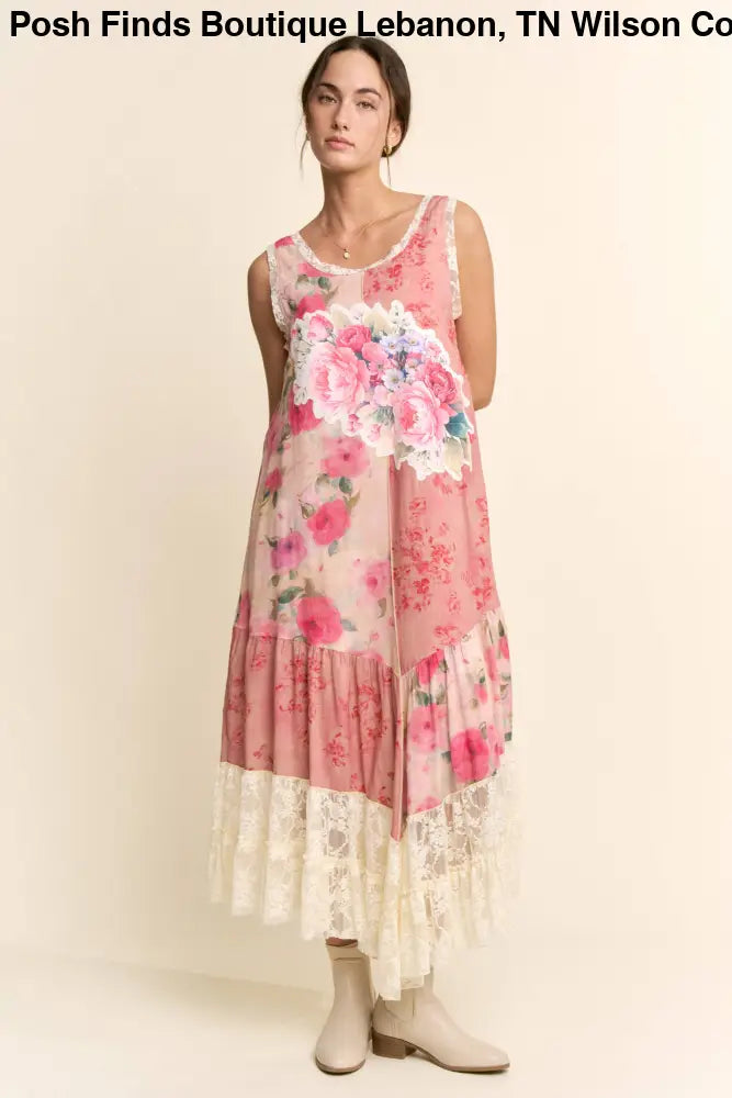 PRINT FLOWER PATCHWORK LACE TIERED DRESS: Pink Multi / S