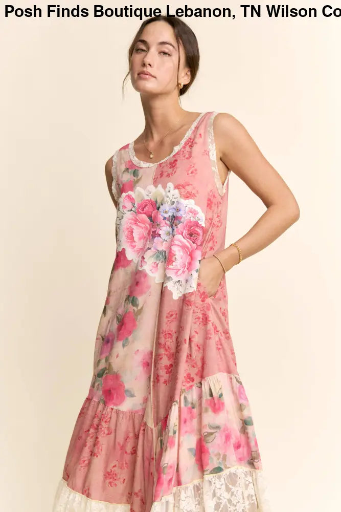 PRINT FLOWER PATCHWORK LACE TIERED DRESS: Pink Multi / S