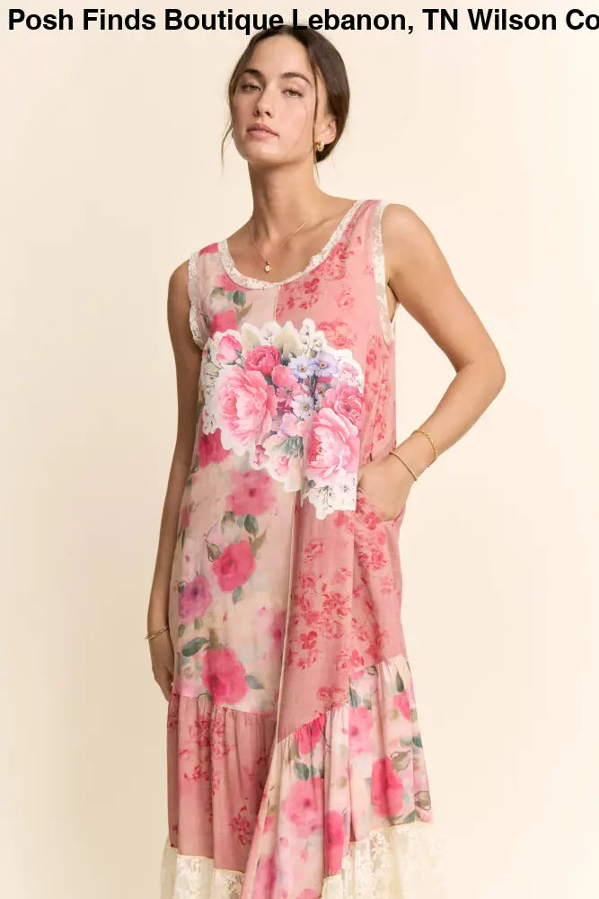 PRINT FLOWER PATCHWORK LACE TIERED DRESS: Pink Multi / S