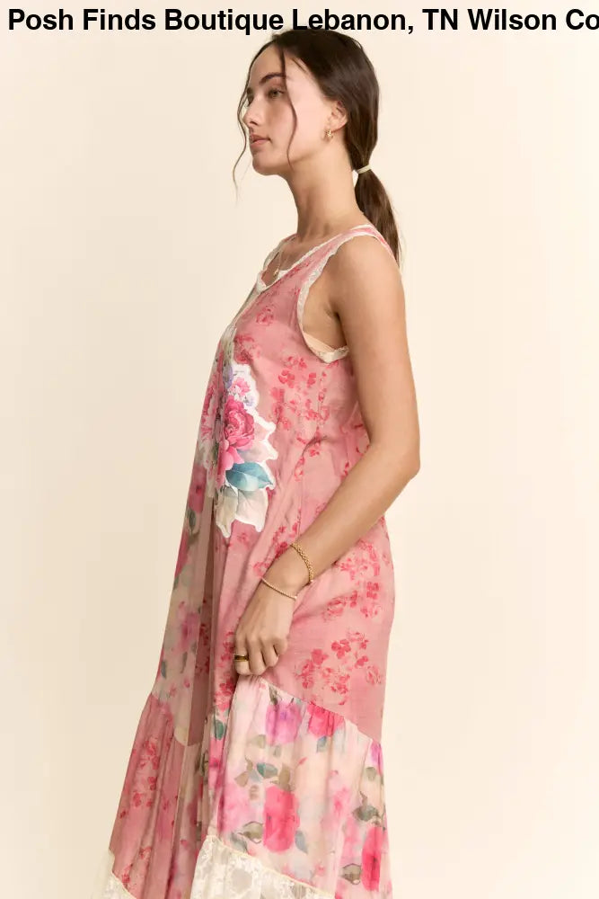 PRINT FLOWER PATCHWORK LACE TIERED DRESS: Pink Multi / S