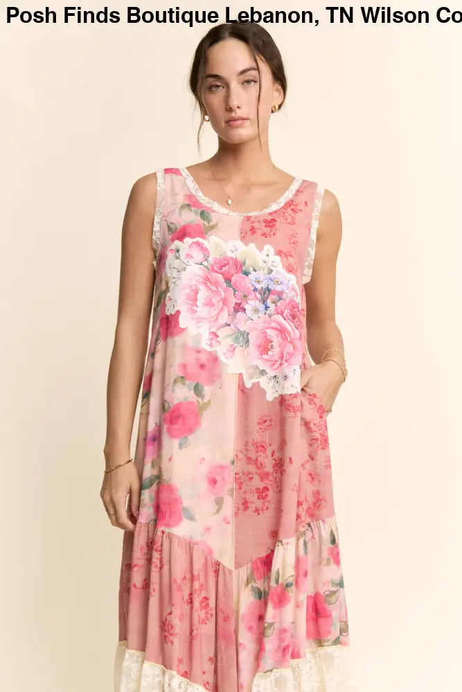 PRINT FLOWER PATCHWORK LACE TIERED DRESS: Pink Multi / S
