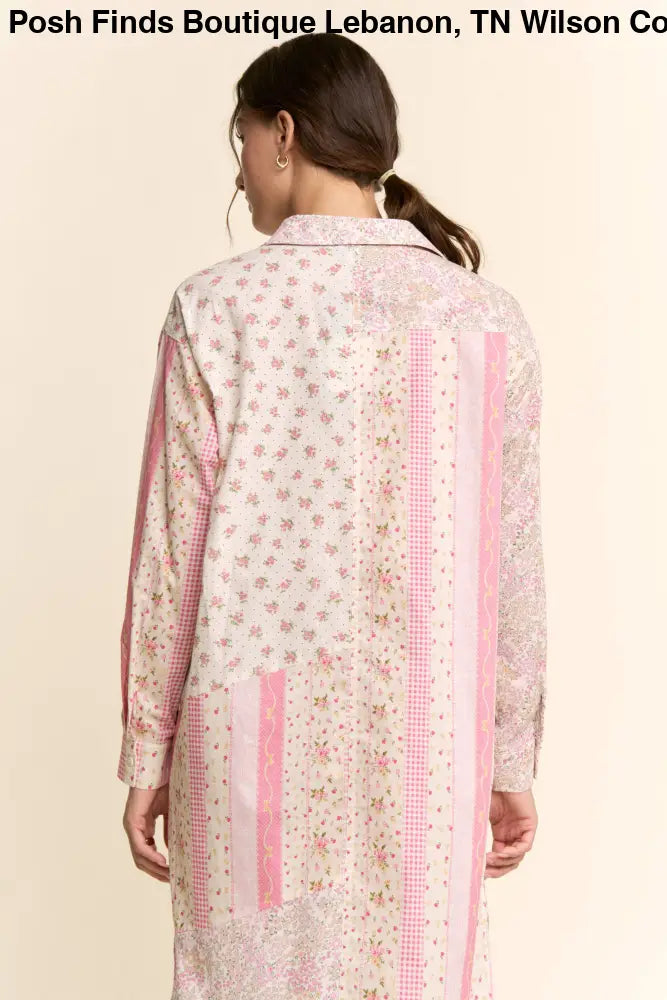 PRINTED FLOWER PATCHED MAXI DUSTER SHIRT TOP: IVORY PINK MULTI / M