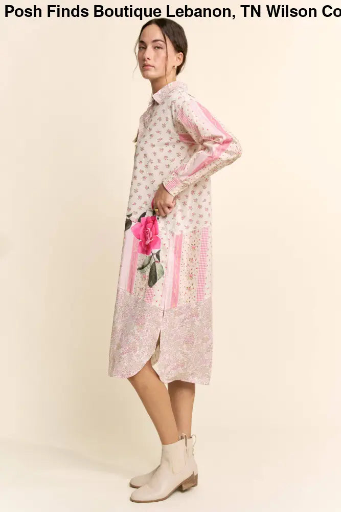 PRINTED FLOWER PATCHED MAXI DUSTER SHIRT TOP: IVORY PINK MULTI / M