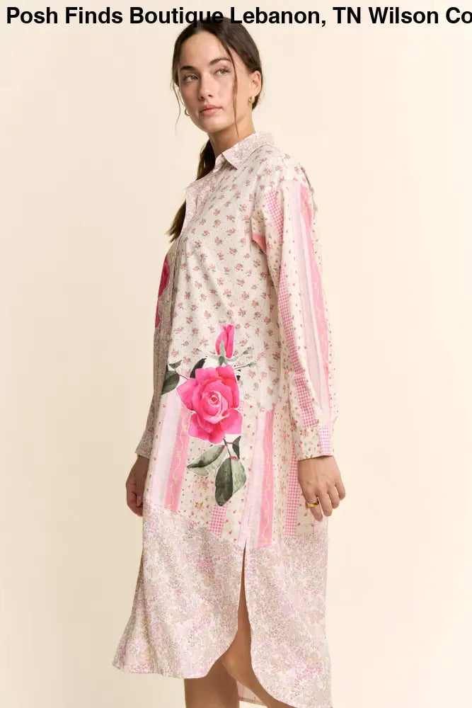 PRINTED FLOWER PATCHED MAXI DUSTER SHIRT TOP: IVORY PINK MULTI / M