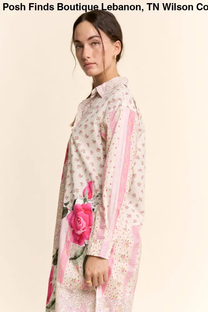 PRINTED FLOWER PATCHED MAXI DUSTER SHIRT TOP: IVORY PINK MULTI / M