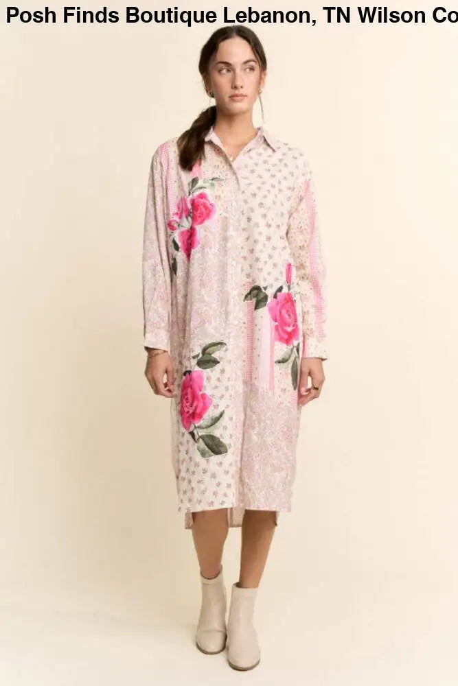 PRINTED FLOWER PATCHED MAXI DUSTER SHIRT TOP: IVORY PINK MULTI / M