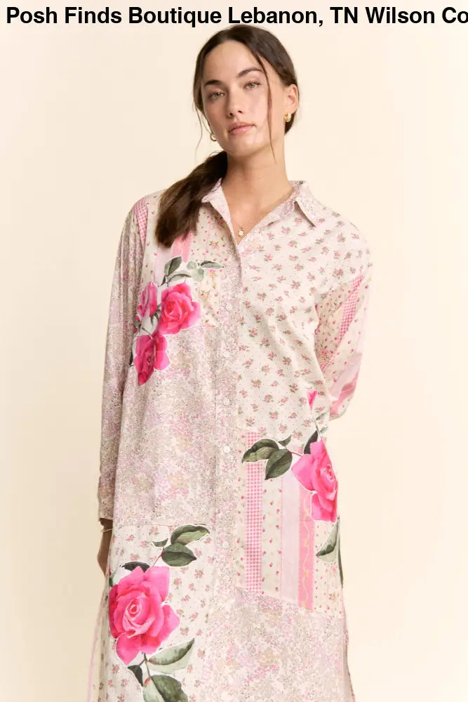 PRINTED FLOWER PATCHED MAXI DUSTER SHIRT TOP: IVORY PINK MULTI / M
