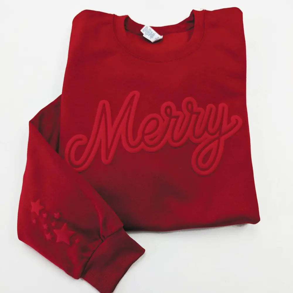 Puff Christmas Crewneck Sweatshirt Holiday Sweater Merry: Red - Posh Finds