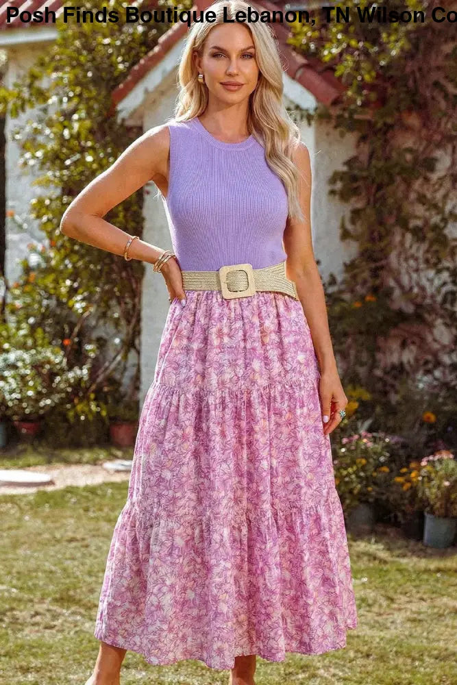 Purple Ribbed Bodice Floral Contrast Tiered Dress - Women > Dresses > Maxi
