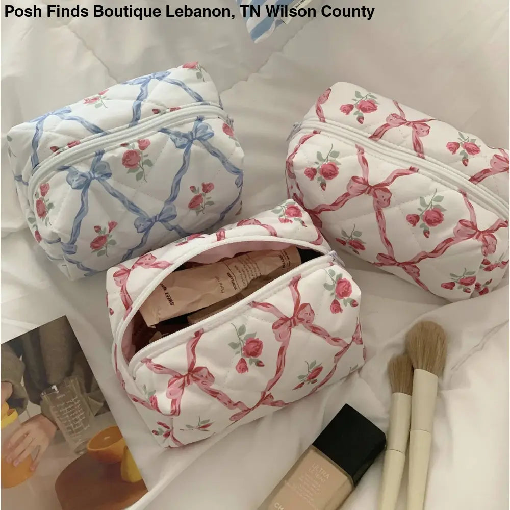 Quilted Cosmetic Floral Ribbon Makeup Bag Pink or Blue - Posh Finds