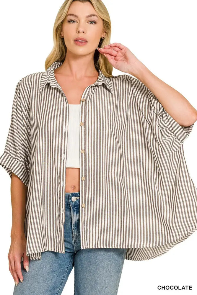 Rayon Striped Short Sleeve Button Up Shirt - Chocolate - S/M - Women > Tops > Blouses