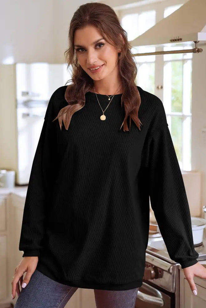 Ribbed Corduroy Oversized Sweatshirt: Black - Posh Finds