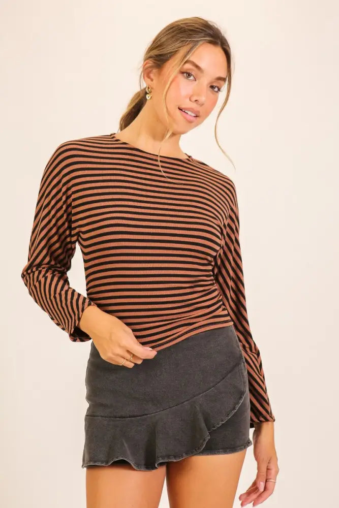 Ribbed Striped Long Sleeve Top - S - Women > Tops