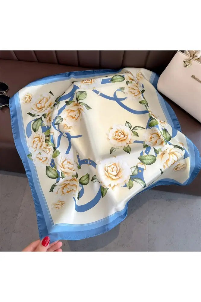 Rose Floral Faux Silk Square Scarf Blue - Accessories